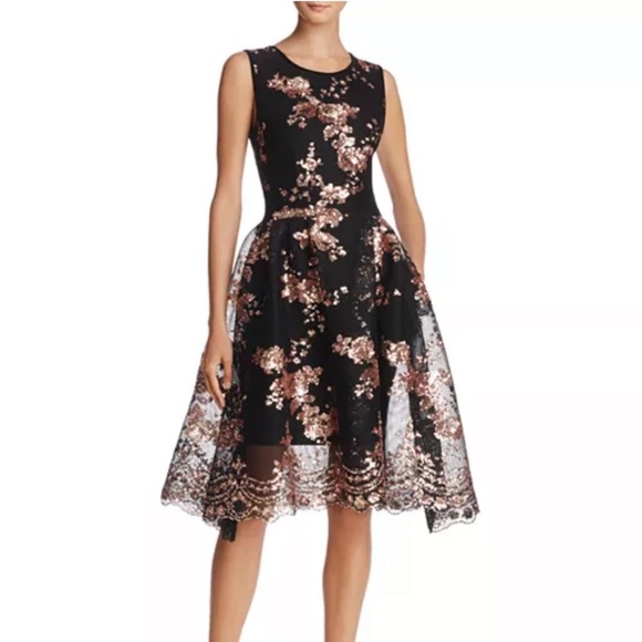 Maje black & rose gold sequin fit & flare midi dress - Small - Picture 1 of 7